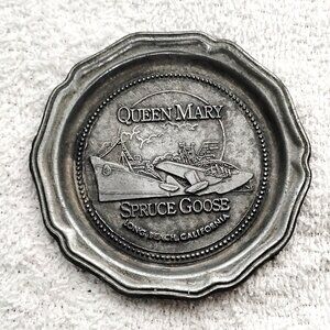 Vintage Metal Coaster/Ashtray Queen Mary Ship Spruce Goose Airplane Collectible